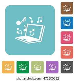 Flat laptop music icons on rounded square color backgrounds.