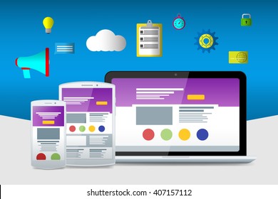 Flat laptop, phone and tablet with seo icons