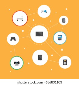 Flat Laptop, Presentation, Joystick And Other Vector Elements. Set Of Laptop Flat Symbols Also Includes PC, Mouse, Modem Objects.