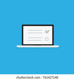 Flat laptop with survey Form. Feedback business concept