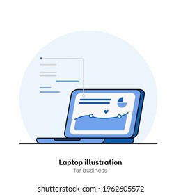 Flat laptop vector illustration design. Side view blue laptop vector with chart and infographic on screen. Desktop and office technology for work and business. Isolated pc on white background vector 