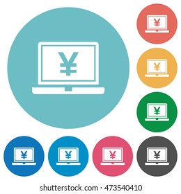 Flat laptop with Yen icon set on round color background.