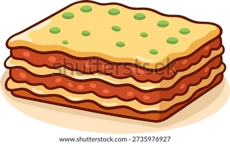 Flat lasagna slice icon, Italian pasta dish in clean vector cartoon style isolated on white background.