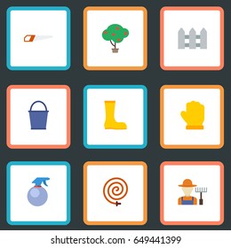 Flat Latex, Bucket, Spray Bottle And Other Vector Elements. Set Of Agriculture Flat Symbols Also Includes Berries, Fencing, Gardener Objects.