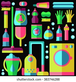 Flat laundry and cleaning appliances illustration. Household cleaning icons. 