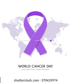 Flat Lavender vector ribbon for World Cancer Day. General cancer awareness symbol with world map on white background