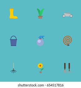 Flat Lawn Mower, Plant, Spray Bottle And Other Vector Elements. Set Of Gardening Flat Symbols Also Includes Plant, Rubber, Spray Objects.