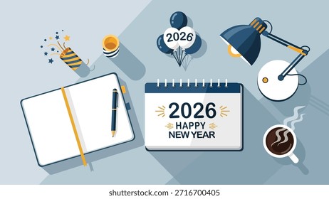 Un plano de un calendario de 2026 del año Nuevo rodeado de suministros de oficina y decoraciones navideñas sobre un fondo azul claro.
