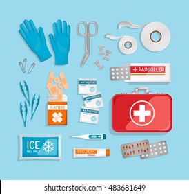 Flat lay 3D First Aid Kit & red suitcase on blue background. Car, office, travel first aid kit with contents. Suitcase, plasters, bandage, pills, gloves. Realistic vector illustration.