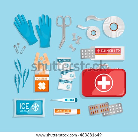 Flat lay 3D First Aid Kit & red suitcase on blue background. Car, office, travel first aid kit with contents. Suitcase, plasters, bandage, pills, gloves. Realistic vector illustration.