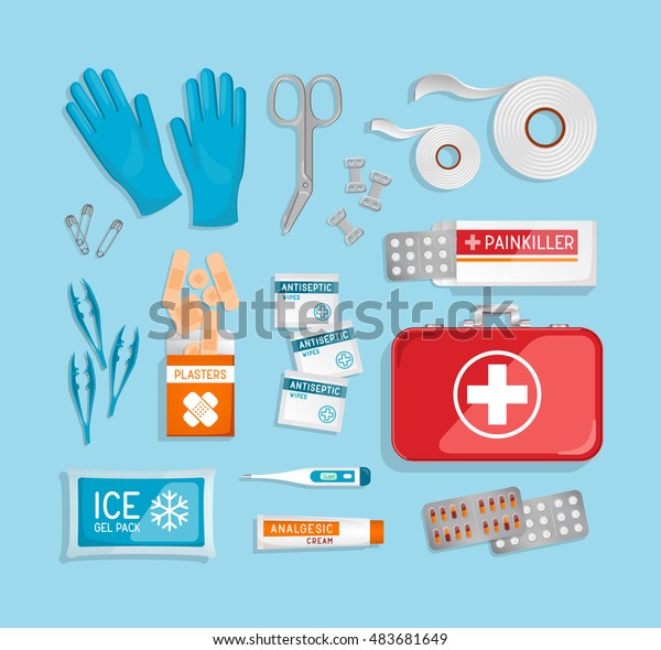 Flat lay 3D First Aid Kit & red\
suitcase on blue background. Car, office, travel first aid kit with\
contents. Suitcase, plasters, bandage, pills, gloves. Realistic\
vector illustration.