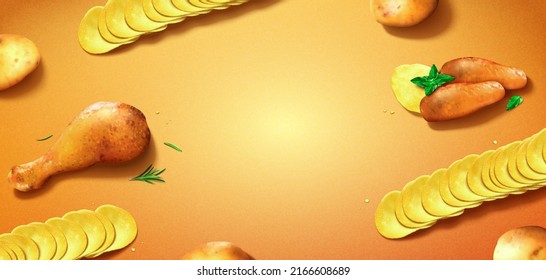 Flat lay of 3D flavored chips with potatoes and roasted chicken on orange background with copy space