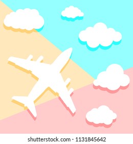 Flat lay art design graphic image of paper airplane with clouds  on pink and blue background