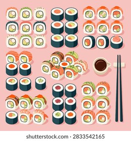 A flat lay of assorted sushi rolls on a pink backdrop