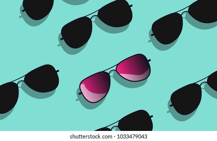 Flat lay black   pink sunglasses blue background illustrating coolness   rock star style  