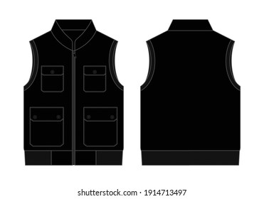Flat Lay Black Vest with Multiple Pockets Template on White Background. Front and Back Views, Vector File.