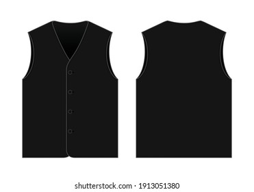 Flat Lay Black Vest Template on White Background. Front and Back Views, Vector File.
