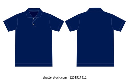 Flat Lay Blank Navy Short Polo Shirt Template on White Background. Front and Back Views, Vector File.