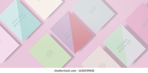 Flat lay of blank posters in pastel color tones with drop shadows. Realistic mock up template for print production: covers, flyers, banners.