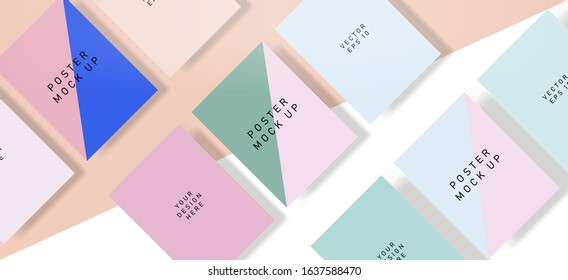 Flat lay of blank posters in pastel color tones with drop shadows. Realistic mock up template for print production: covers, flyers, banners.