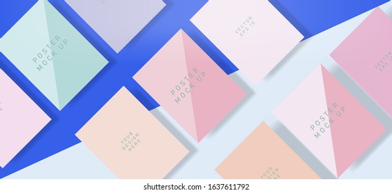 Flat lay of blank posters in pastel color tones with drop shadows. Realistic mock up template for print production: covers, flyers, banners.