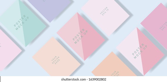 Flat lay of blank posters in pastel color tones with drop shadows. Realistic mock up template for print production: covers, flyers, banners.