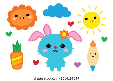 Flat lay with a blue rabbit, carrot, sun, pencil, heart, and cloud. Smiling happy cartoon faces. Vector art for kids on a white background.