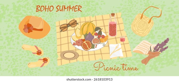 Flat lay boho summer picnic with fruits, sandals, hat, sunglasses, juice, wicker bag, and lavender bouquet on green grass background. Cozy, stylish, and perfect for seasonal design projects. Vector.