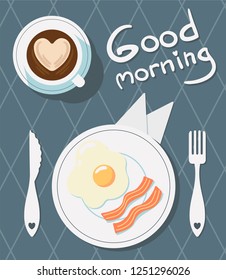 flat lay breakfast with coffee egg and bacon on plate and blue table knife and fork good morning