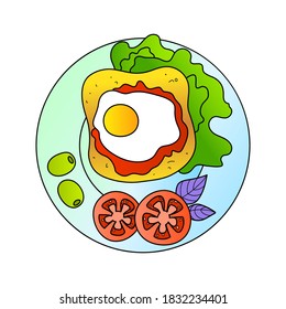 Flat lay breakfast served on a plate. Top view toast with fried egg and ketchup sauce, fresh lettuce leaves, green olives, tomato slices and purple basil. Restaurant dish.