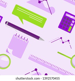 Flat lay business seamless pattern with notepad, calculator, ruler, magnifier glass, ballpoint pen, chart, graph. Flat vector illustration