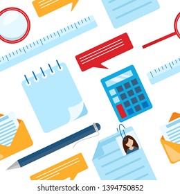 Flat lay business seamless pattern with notepad, calculator, ruler, magnifier glass, ballpoint pen, chart, graph. Flat vector illustration