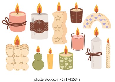 Juego de velas planas. Ilustración de Elementos de iluminación decorativos acogedores, dibujados a mano