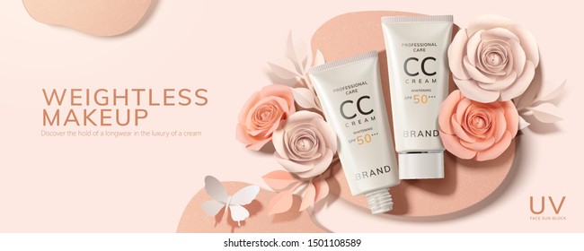 Flat lay CC cream tubes ad with paper roses and butterfly in 3d illustration