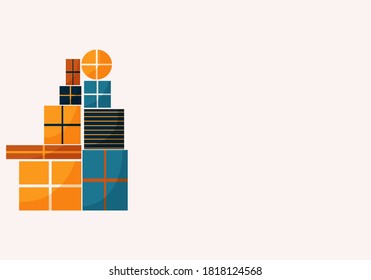 Flat lay christmas mockup with bright gift boxes with bow and colorful background. Template for new year greeting card, invitation, poster, banner. Presents flat vector illustration. Top view.