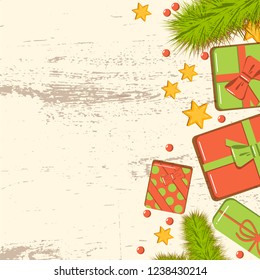 Flat lay christmas mockup with fir branches, bright gift boxes with bow, beads and stars on wooden background. Template for new year greeting card, celebration invitation, holiday poster, banner