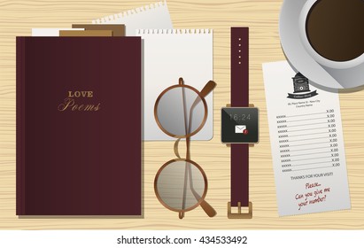 Flat Lay Coffee Shop. Paying bill. Smart watch and poems book