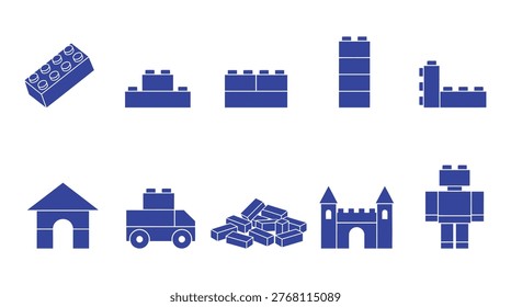 Flat lay collection of 3d isometric blue building blocks, houses, trucks, and castles illustrating urban development, logistics, and construction themes. Ideal for business, education, architecture, and technology presentations.