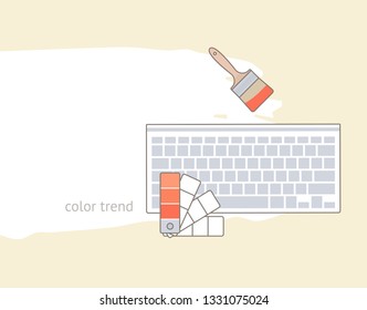 Flat lay with Color palette guide, keyboard and paint brush. Background with vector elements. Concept web cover or banner