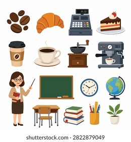 Flat lay of common office supplies and desk accessories in a modern workspace setup