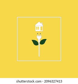 Flat lay composition with electrical plug, fresh green leaves and little paper white house on yellow background with copy space. Save energy concept. Minimal style