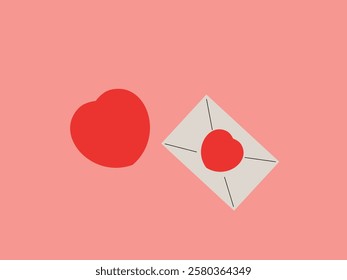 A flat lay composition features a red heart and a light gray envelope with a smaller red heart at its center placed against a light pink background