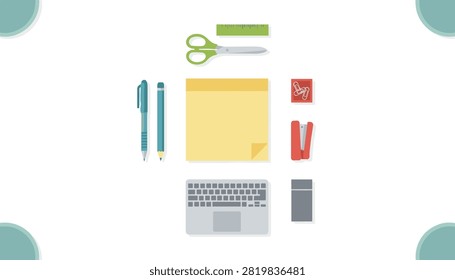 Flat lay composition of office stationery, laptop keyboard, and yellow sticky notes on a clean white desk surface.