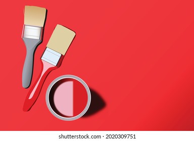 Flat lay composition with paint can and brushes on red background