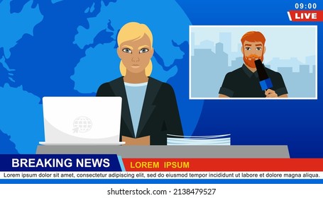 Flat lay composition of television news studio. TV news in studio vector illustration. Cartoon scene of a journalist live, holding a microphone.