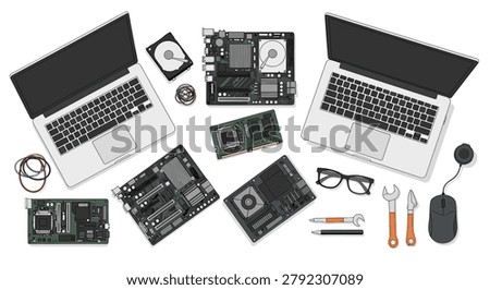 Flat lay of computer hardware components such as laptops, motherboards, a mouse, and repair tools on a white background.
