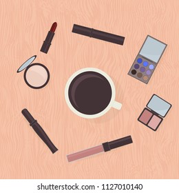 Flat lay cosmetics accessories and cup of coffee on wooden table surface. Concept of fashion and glamour. Easy to edit vector design for beauty salons, bloggers, social media, websites,  etc.