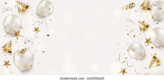 Flat lay decorations for birthday background. Air balloons, party hats,serpentine, golden confetti on a white.Top view.Horizontal banner for social networks,holidays invitation, promotion. Vector.