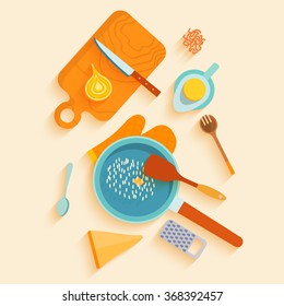 Flat lay design card with recipe of saffron risotto. Traditional italian cuisine recipe with ingredients, space for text. Vector illustration.