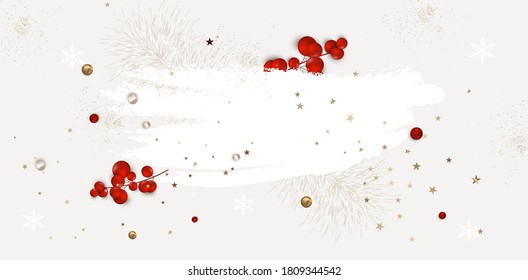 Flat lay design with christmas decoration on a white background. New Year 2021 and Christmas banner. Top view vector composition.
